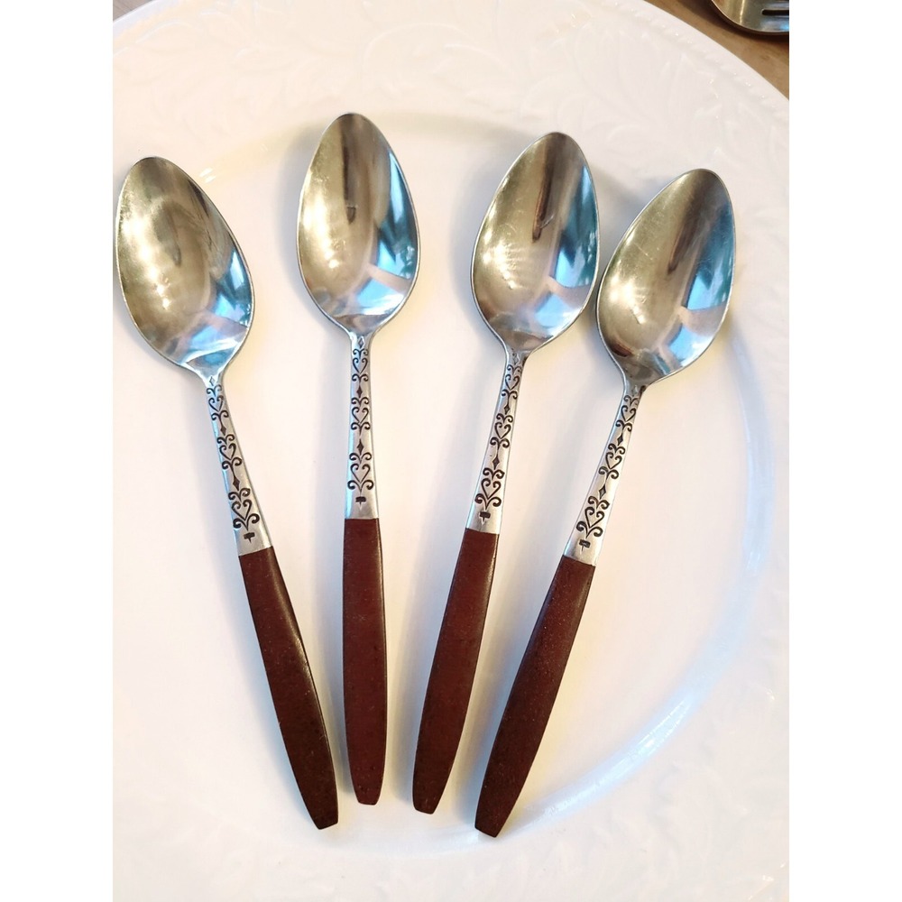 Interpur INR2 Set of 4 Brown Handle Spoons 6" Stainless Japan Flatware MCM Heart